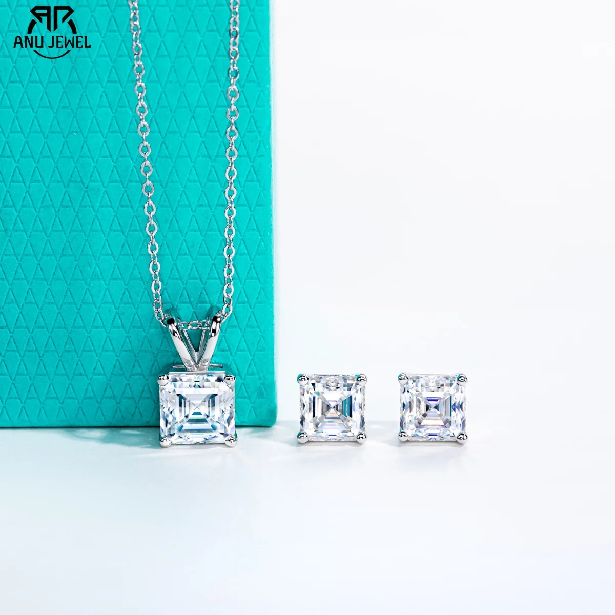 

56.Jewel 2-5ct Asscher муассанитовое ожерелье 0,5-3ct серьги из стерлингового серебра 925 пробы 18k позолоченный комплект свадебных украшений для женщин