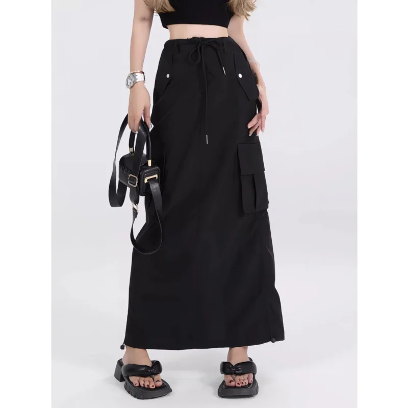 

Y2k American Style High Waist Drawstring Cargo Skirt Women Summer Mid Length Skirt Casual A-line Skirts With Pockets Trendy 2025