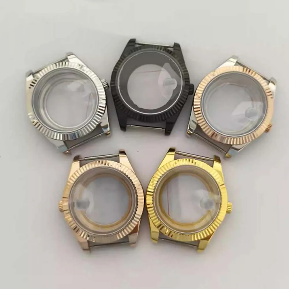 41mm Electroplated Black Rose Gold Watch Case Transparent Bottom Sapphire Crystal Fluted Bezel for 8285 Movement Modifying Parts