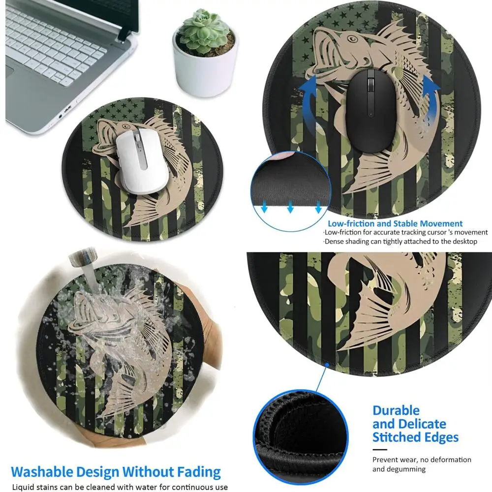 

Round 8-inch Largemouth Bass Fishing American Flag Camouflage Mouse Pad with Non-Slip Rubber Base