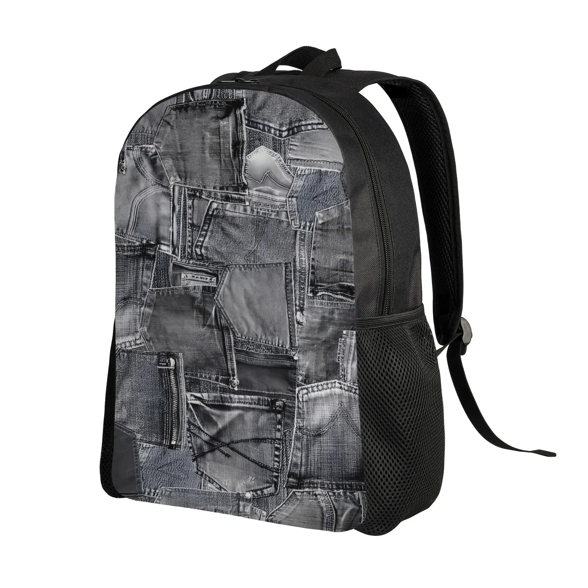 College Bag Back to school season Grey Denim Jeans Pocket Patchwork Design  Sturdy Shoulder Backpack