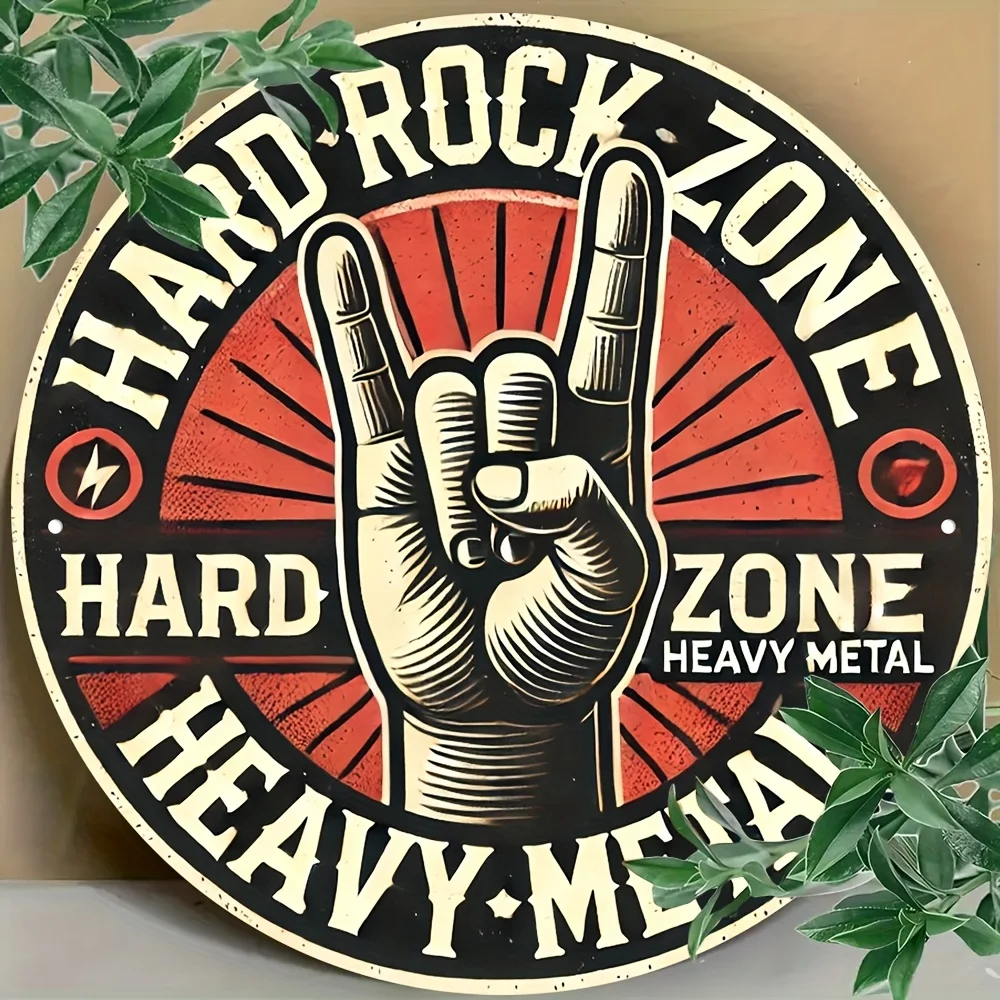 Vintage Rock Hand Gesture Metal Sign, Round Retro Wall Decor for Music Room, Bar & Man Cave, Heavy Metal Inspired Plaque.