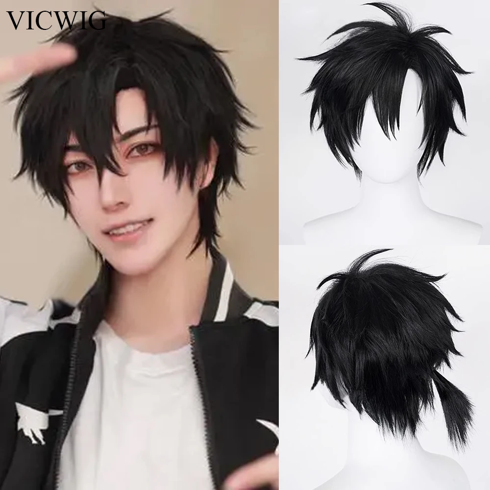 VICWIG Synthetic Black Short Straight Wig Men and Women Anime Cosplay Nature Fluffy Hair Wig for Daily Party