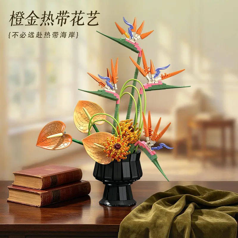 X88056 Tropical Bird of Paradise Artificial Forever Flower Living Room Decor, Fun DIY Mini Block Toy Gift
