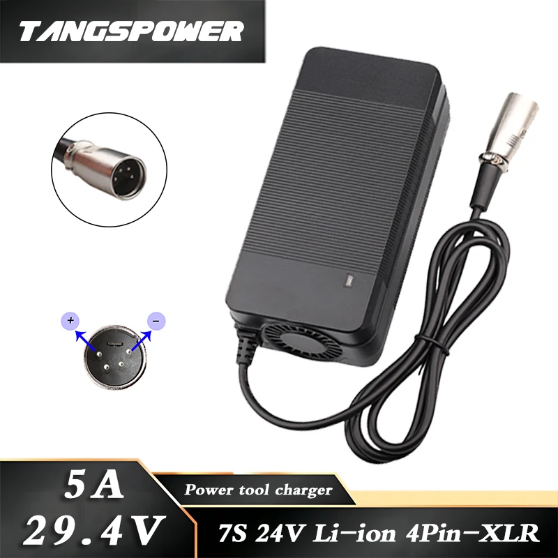 

29.4V 5A Lithium Battery Charger 24V 7S Li-ion Battery Pack Fast Charging 4Pin-XLR Connector With Cooling Fan Power Tool Charger