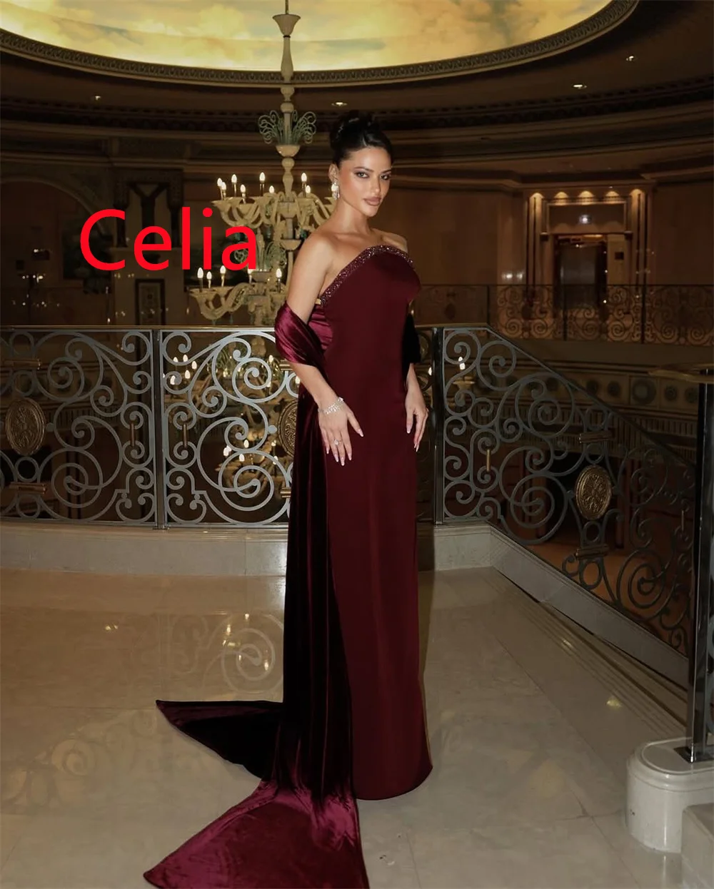 Customized Exquisite Burgundy Jersey Evening Dress Soft  Strapless Sleeveless Zipper Back Crystal Backless Open Back Prom Dress