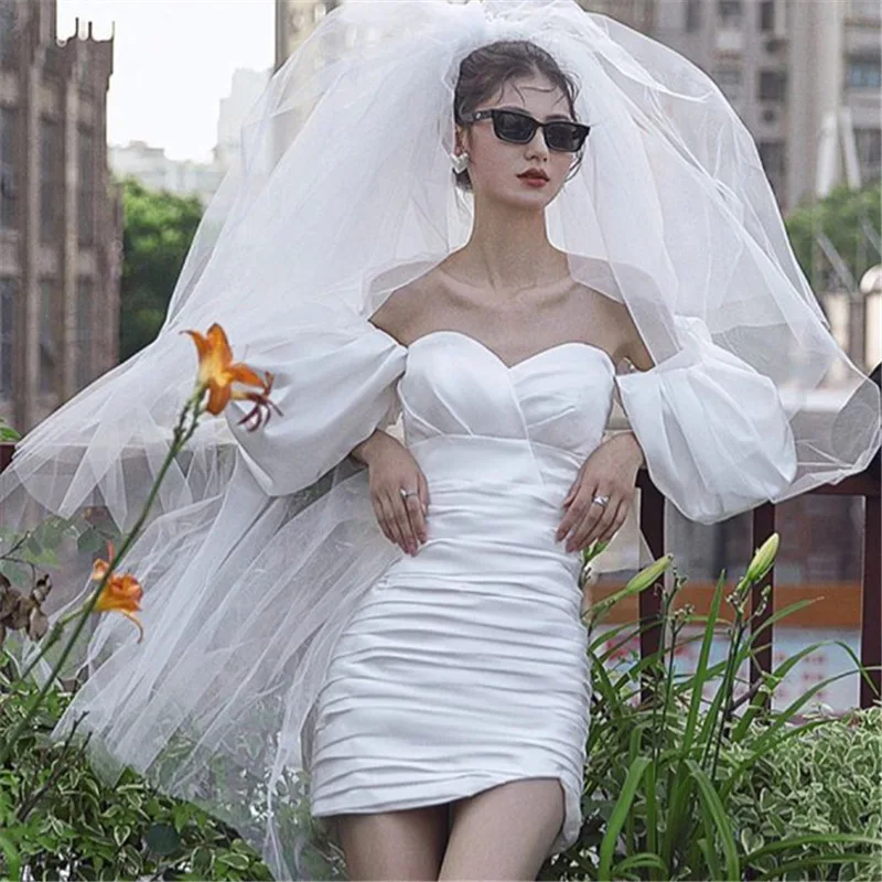 Vestido de noiva sem alças com mangas puff, vestidos de casamento sexy, simples robe cetim, personalizado, nova moda, 2023