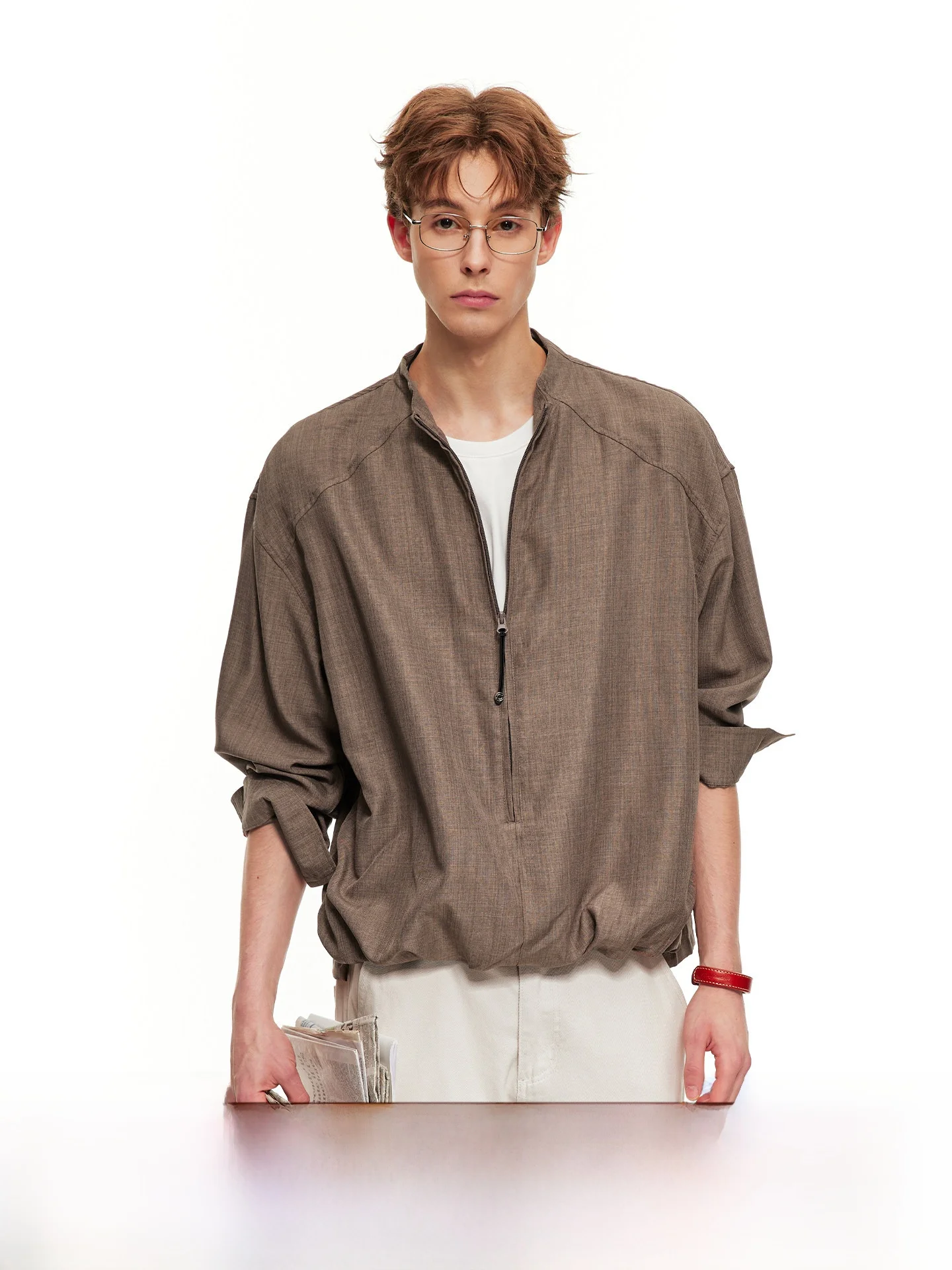 Men's Casual Long Sleeve Shirt Half Buttoned Loose Fit Polyester Fiber Anti Deformation Zipper Design Classic Style Polyester...
