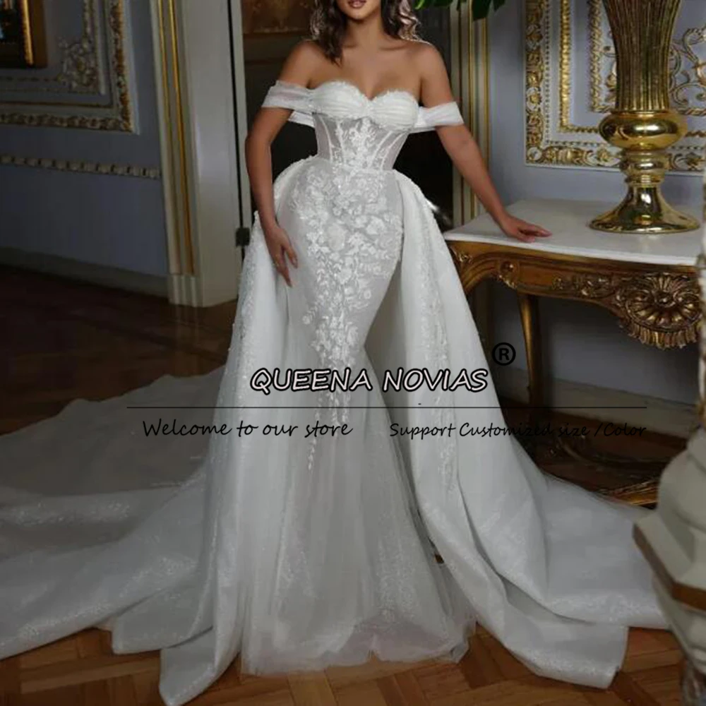 

Appliques Lace Off Shoulder Wedding Dresses Sleeves Sweetheart 2 In 1 Detachable Train Beading Mermaid Bridal Gowns Customized