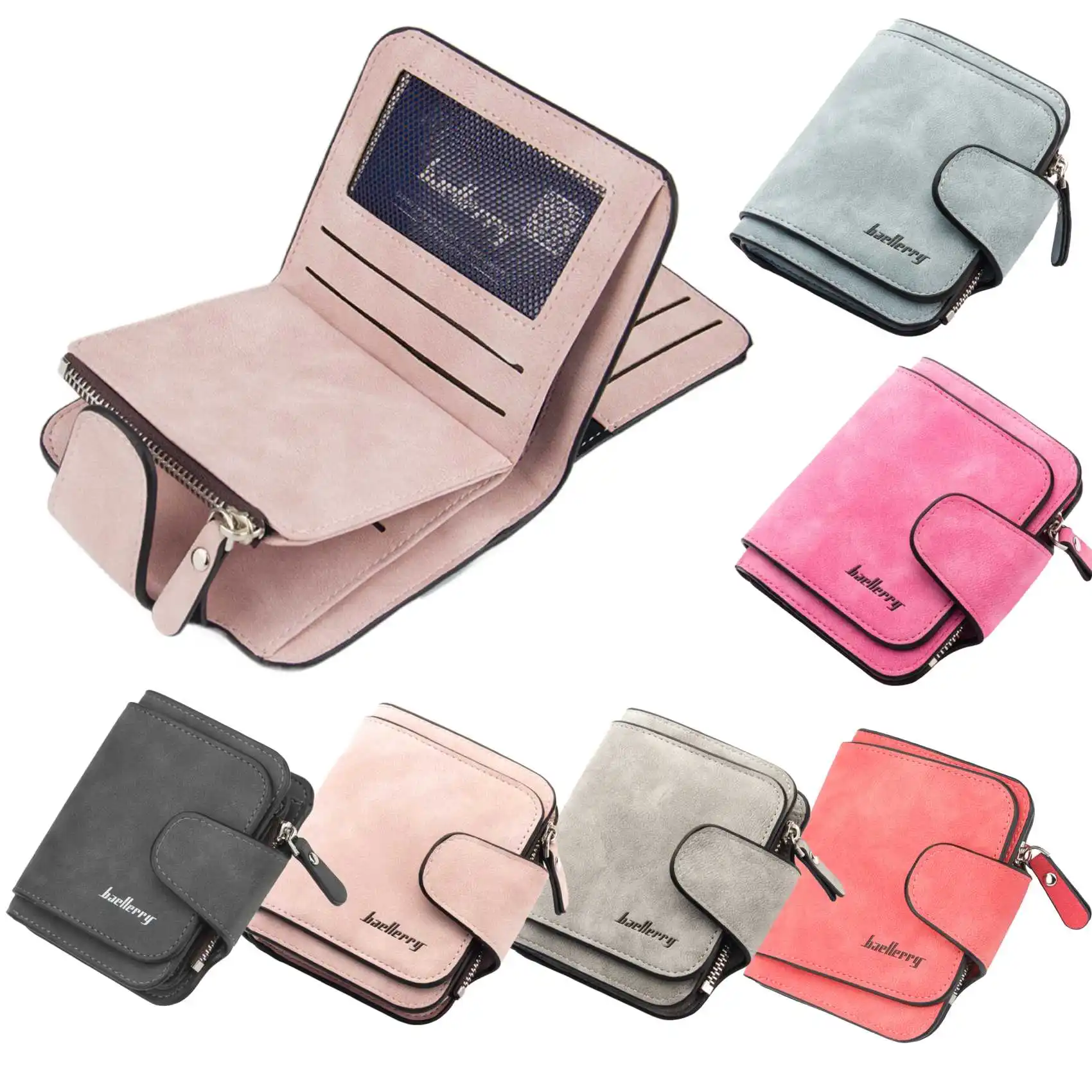 Buckle Abrasive Leather PU Women's Short Wallet Fashion Casual Trifold Purse Multi-Card Holder Coin Purse