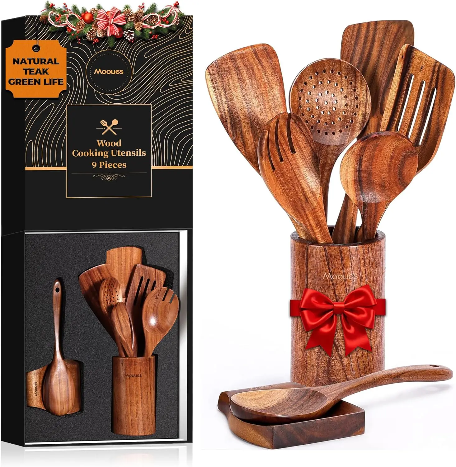 

Natural Teak Wooden Kitchen Utensils Set with Comfort Grip, 9-Piece Gift Box for Cooking