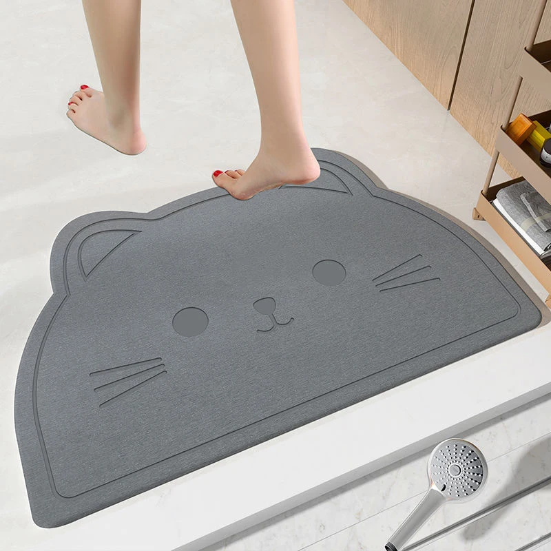 Diatom mud water-absorbing mat, cute cartoon cat design, fast-drying and non-slip floor mat for bathroom entrance, toilet, semic