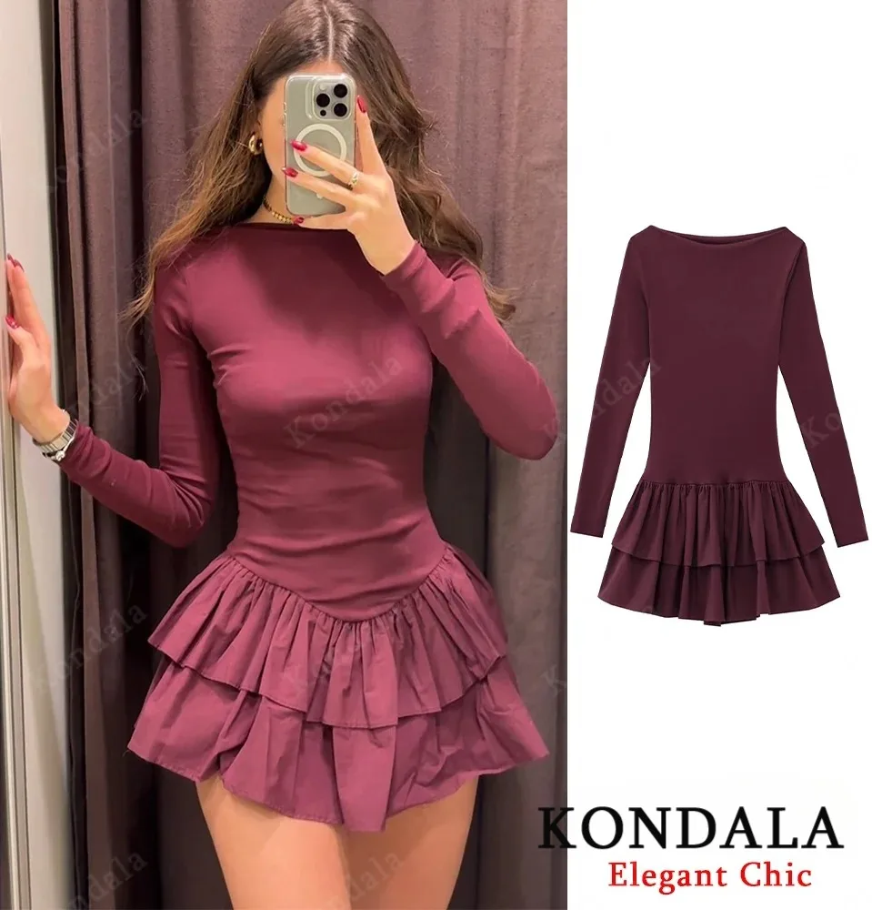 KONDALA فستان نسائي خريفي أنيق بأكمام طويلة وحاشية قابلة للتمدد فستان قصير بني نحيف موضة ربيع 2025 فستان ريترو غير رسمي
