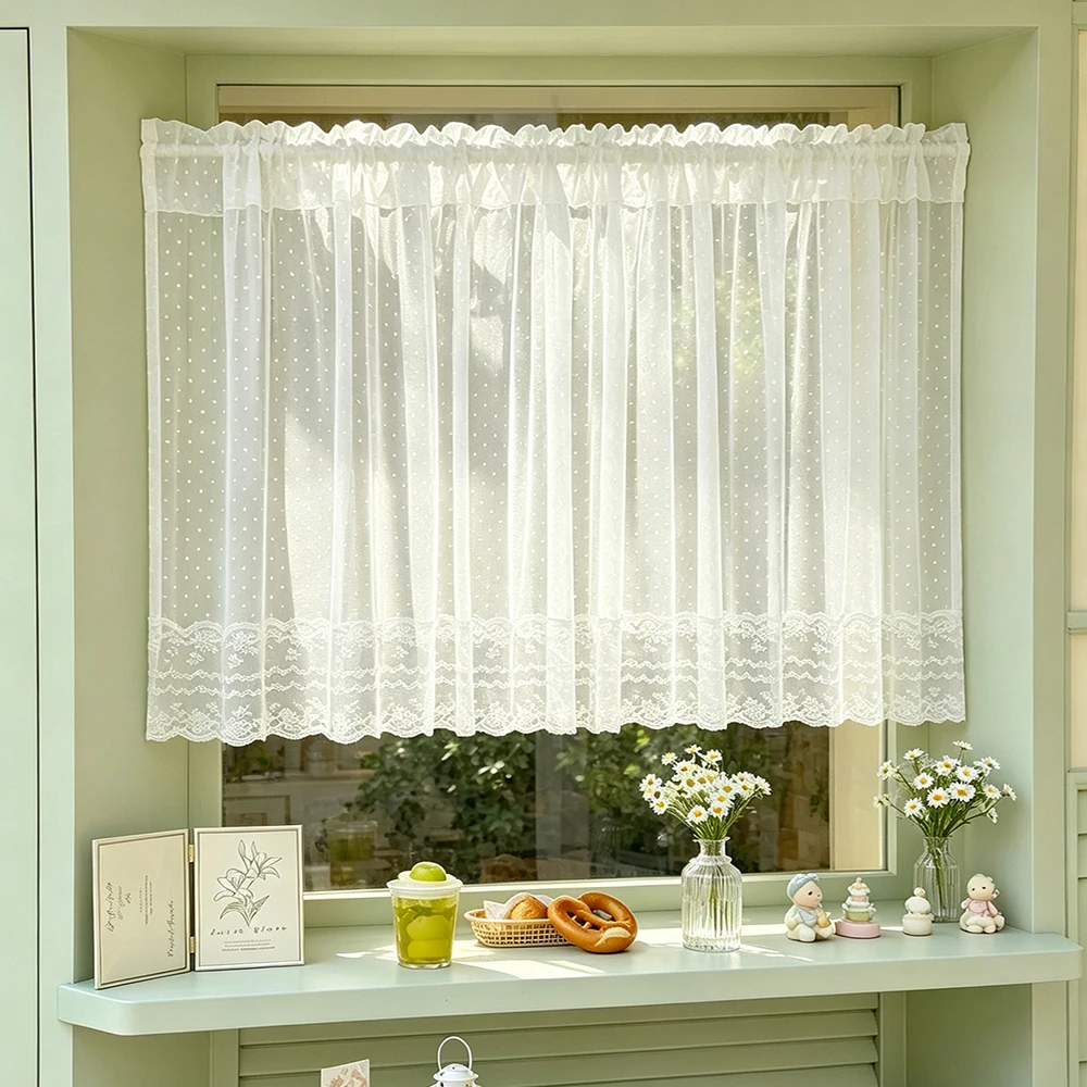 White Polka Dot Tulle Stitched Lace Short Curtains For Small Window,Korean Style Valance Sheer for Kitchen Door Farmhouse Decor
