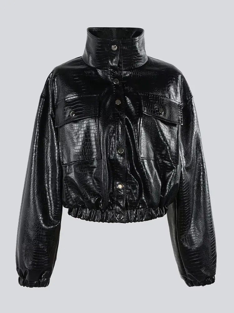 Mauroicardi Spring Autumn Short Black Brown Crocodile Print Faux Leather Jacket Women Stand Collar Button Up Luxury Clothes 2025