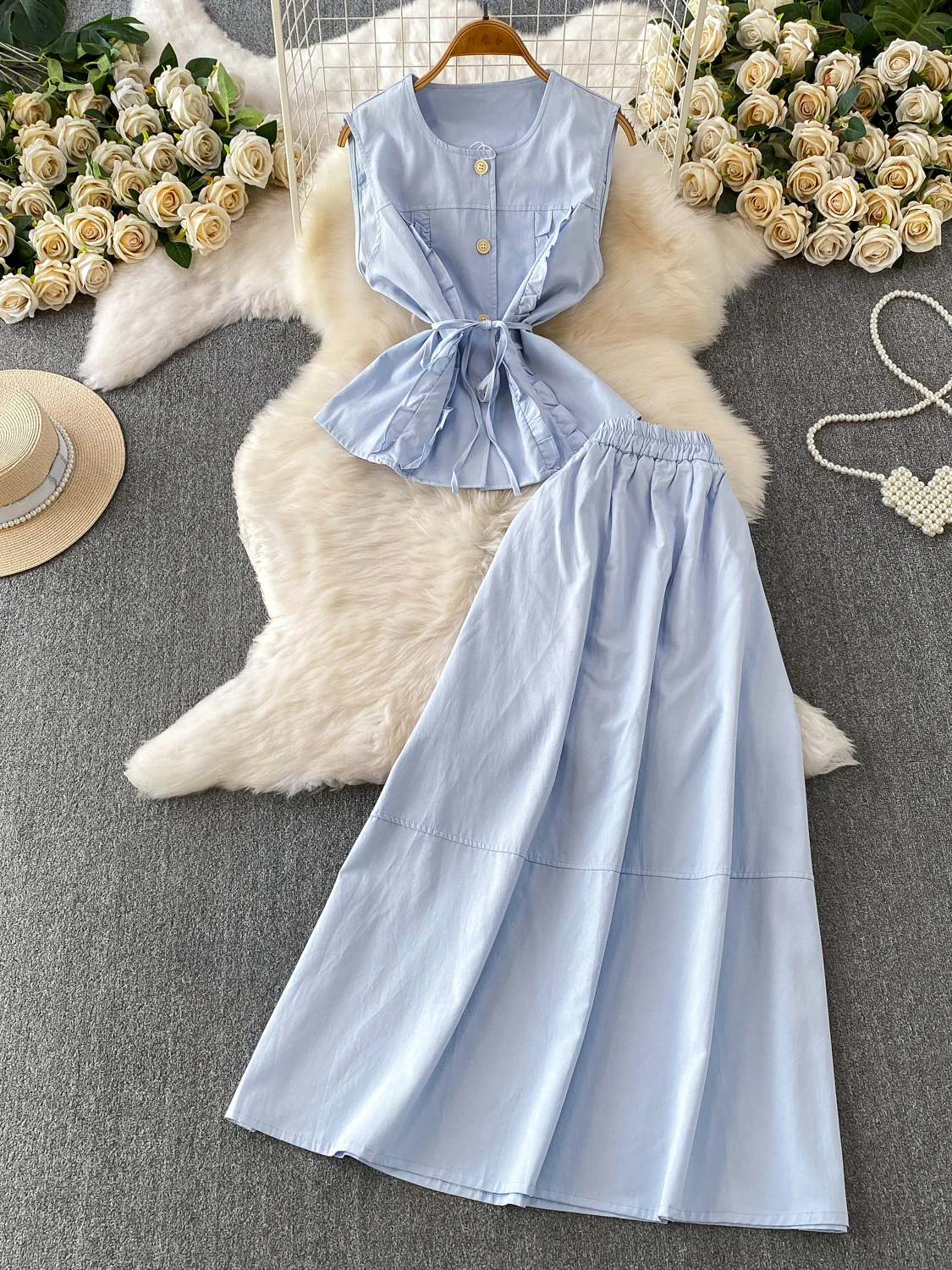 Elegant Sweet Style Sleeveless Belted Waist Crop Top And Long Skirt Two-Piece Set Fashionable Wooden Ear Design Business Casu...