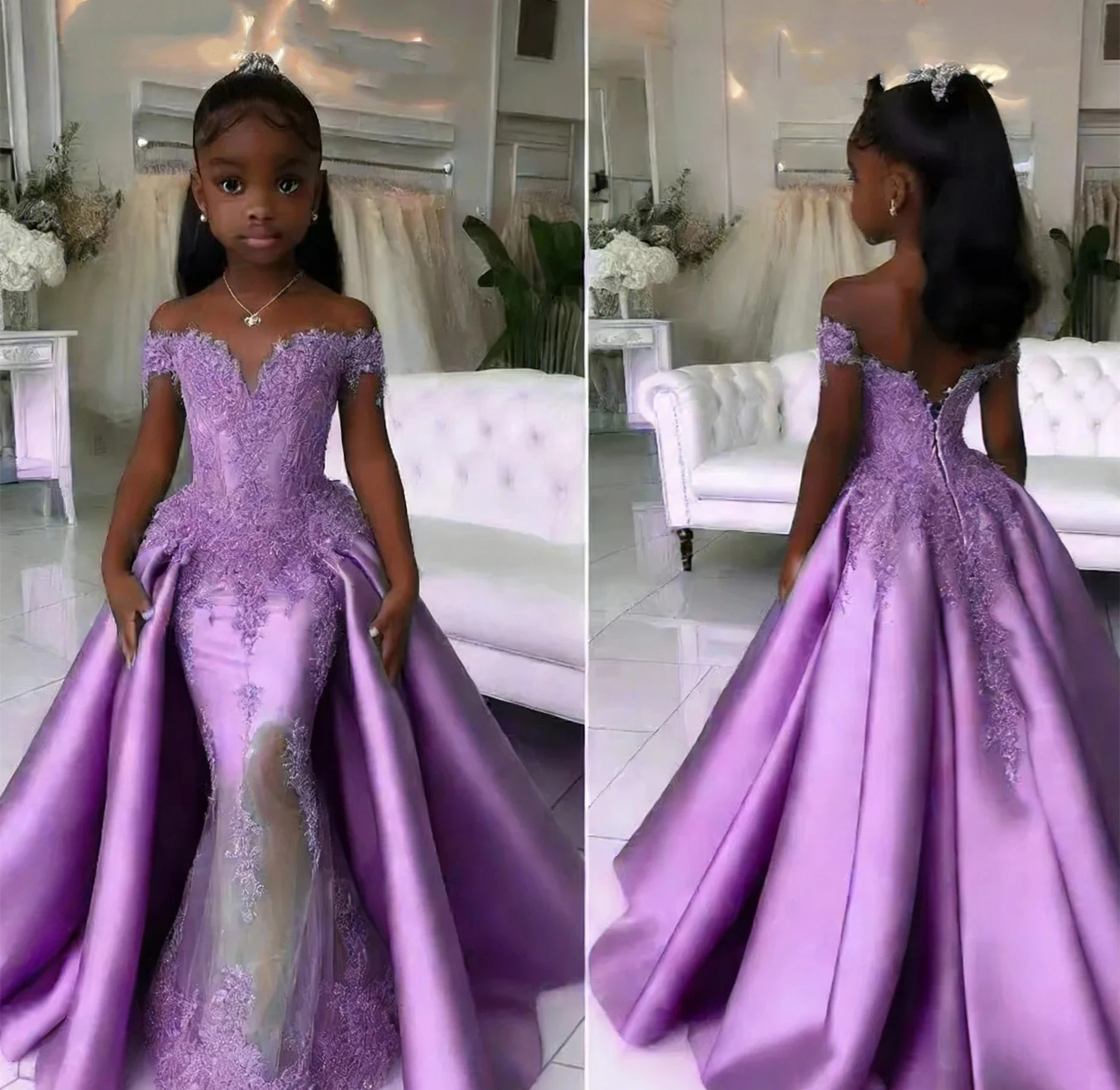 Custom Flower Girl Dress Wedding Dress First Christmas Dress Party Dress Off Shoulder Lace Mermaid Princess Kids Formal Dress