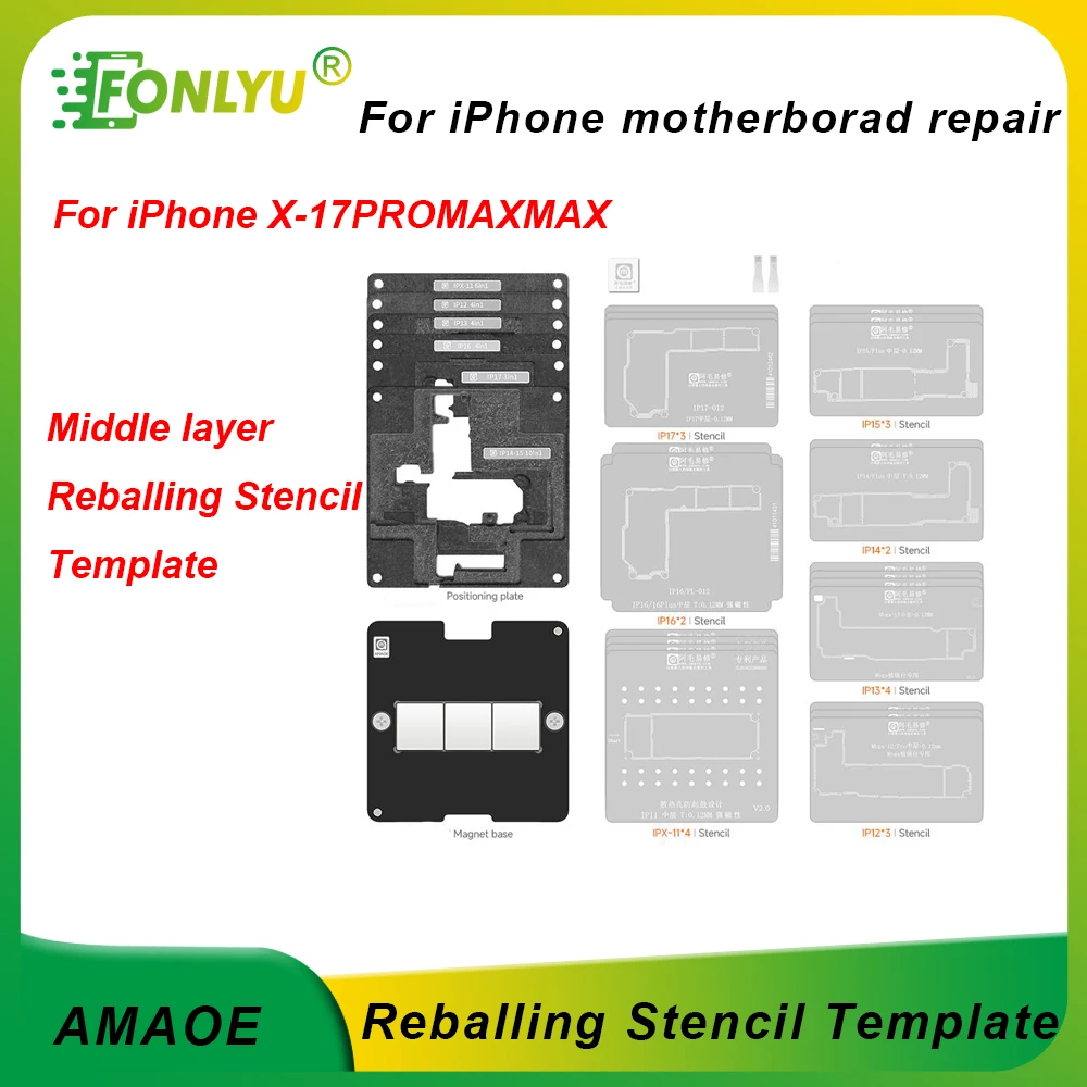 AMAOE 31in 1 Middle Layer Reballing Stencil Template Station for iPhone 17 17Promax 15 14 IC Chip Rework Motherboard Repair Tool