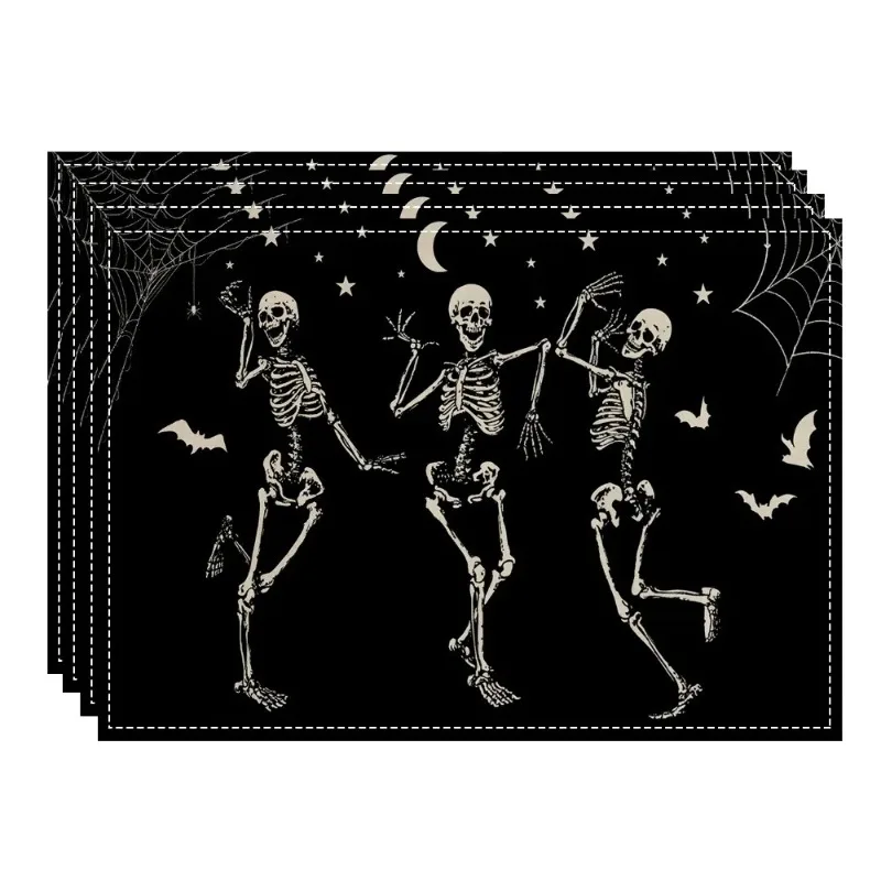4/6/8 Buah Alas Linen Pesta Horor Halloween Gambar Cetak Seram Tengkorak Labu Hantu Anti-selip untuk Dekorasi Meja Makan Dapur