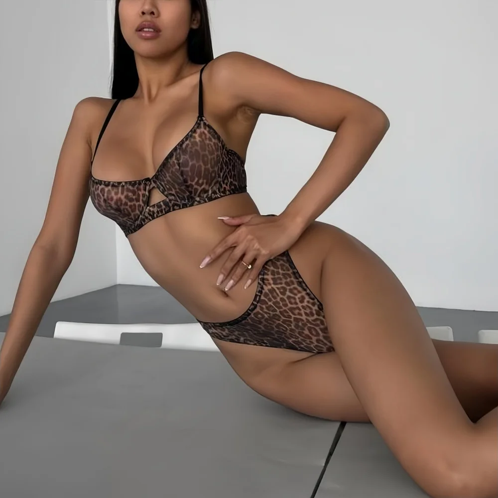 Sexy Leopard Printing Lingerie 2Pcs Sets Mesh See Through Hollow Out Attractive Bilizna Outfits Fancy Onlyfans Intimate Kit New