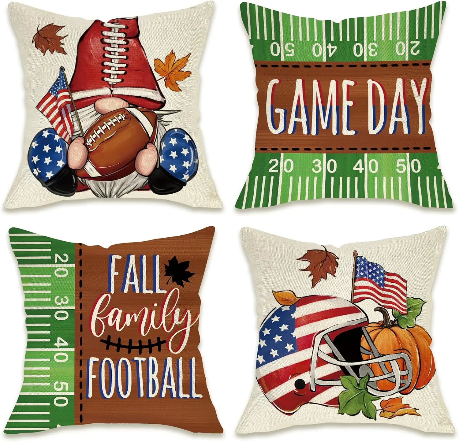 Patriotic Football Game Day Throw Pillow Covers 4PCS Fall Autumn Family Decor USA American Sport Cushion Set for Home Seasonal G