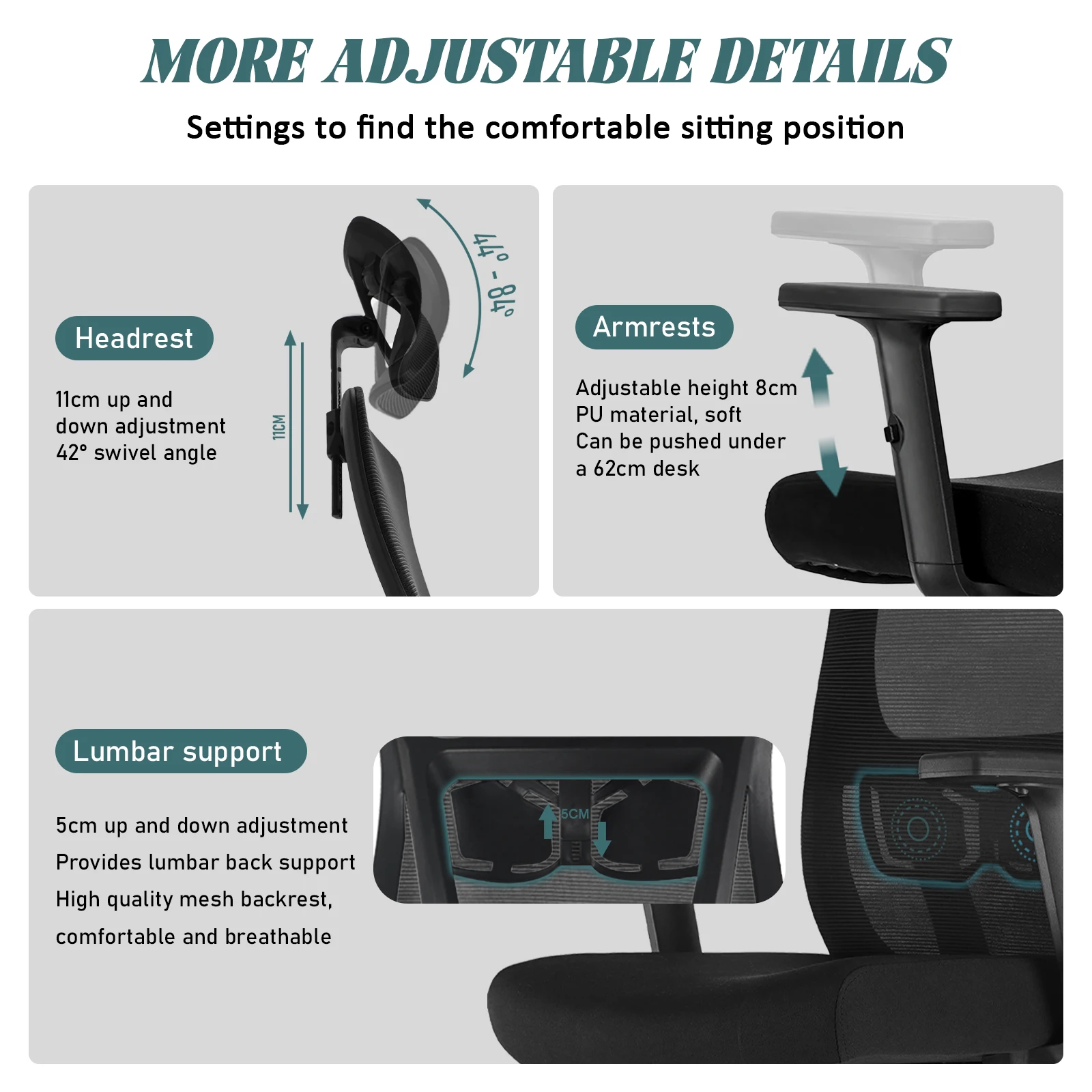 كرسي مكتب مريح من Durrafy، كرسي مكتب مع مسند رأس قابل للتعديل، مساند للذراعين ودعم قطني، كراسي دوارة شبكية، أسود