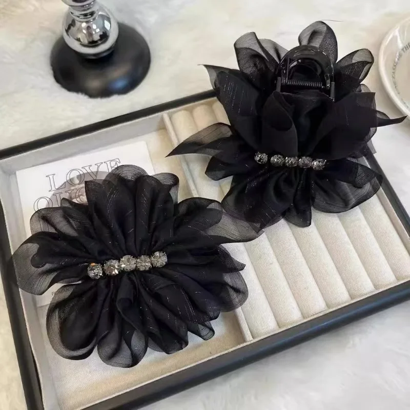 Korean Mesh Flower Ponytail Hairpin Banana Clip Elegant Temperament Back of Head Shark Clip Women Girl Hair Styling Accessories