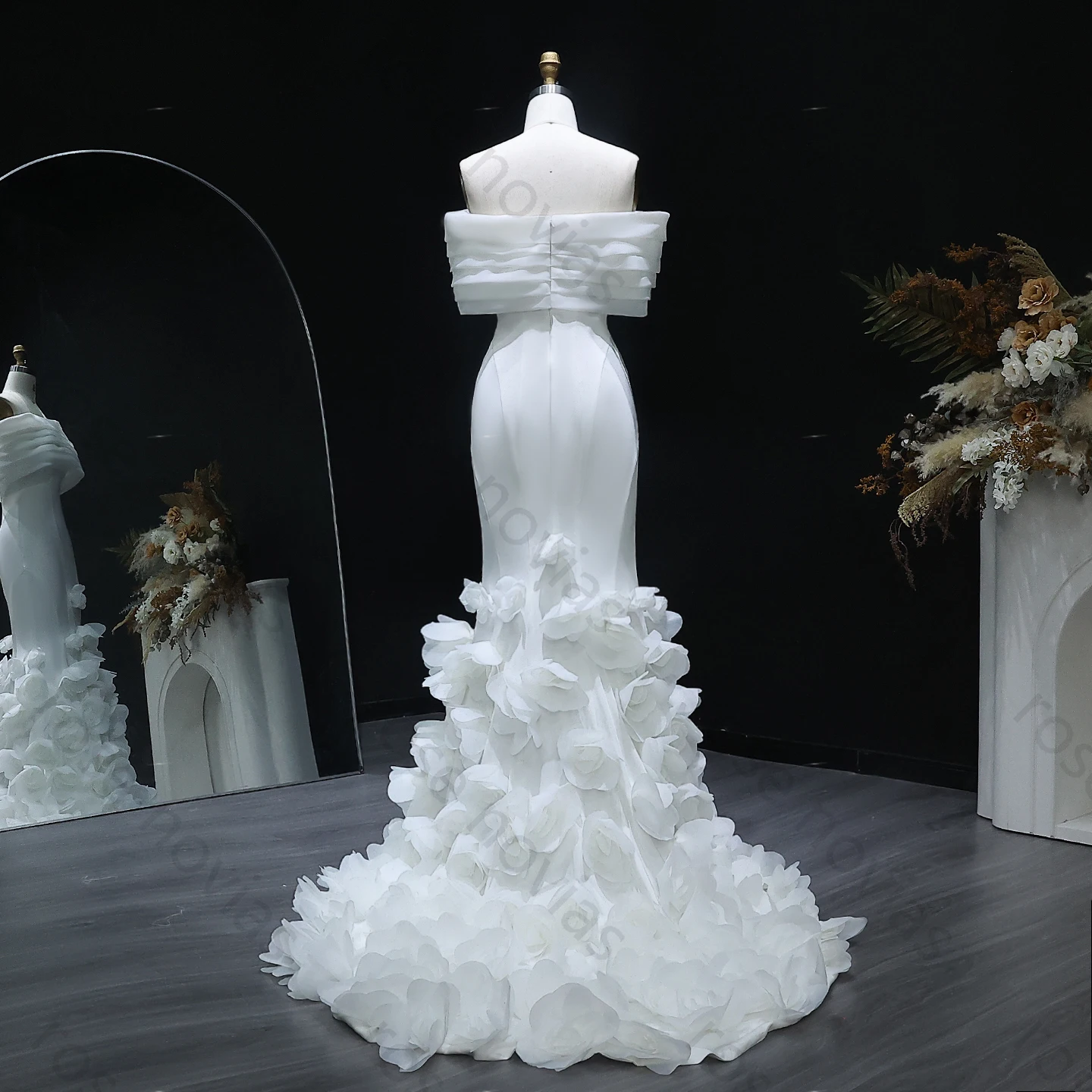 Alta qualidade sharon disse dubai elegante branco fora do ombro vestidos de noite com flores 3d sereia vestido de baile de casamento personalizado