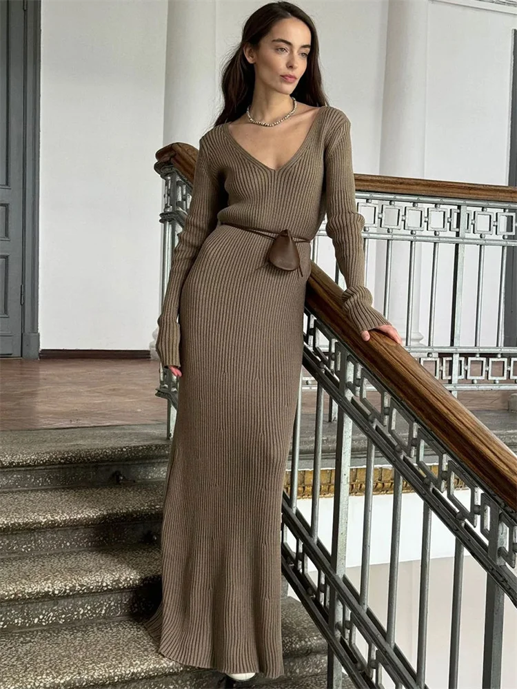 Ribbed Knit Loose Maxi Dress Female V-Neck Patchwork High Waist Casual  New Party Dress Clothes Women's Knitwear Dress