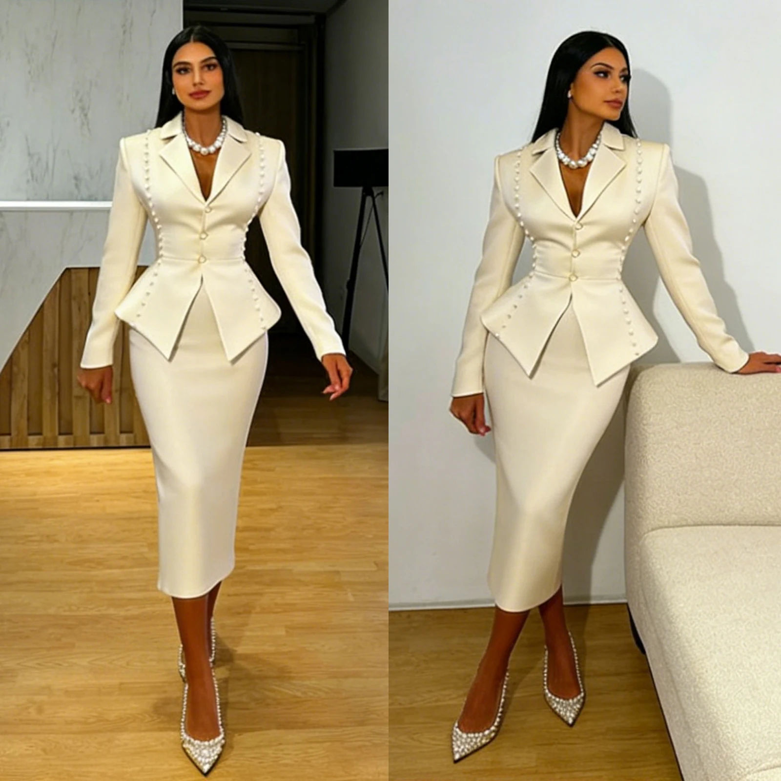 

Pearl Beaded Dressy Blazer Women Skirt Suit 2 Pieces Sheath Wedding Guest Dress Customized Male Evening Party Outfit