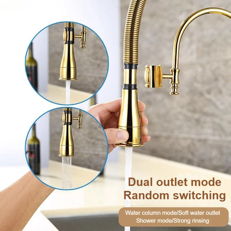 All Copper Gold Spring Pull Down Kitchen Sink Faucet Hot & Cold Mixer Crane Tap with Dual Spout Deck Mounted Hot Cold Faucets