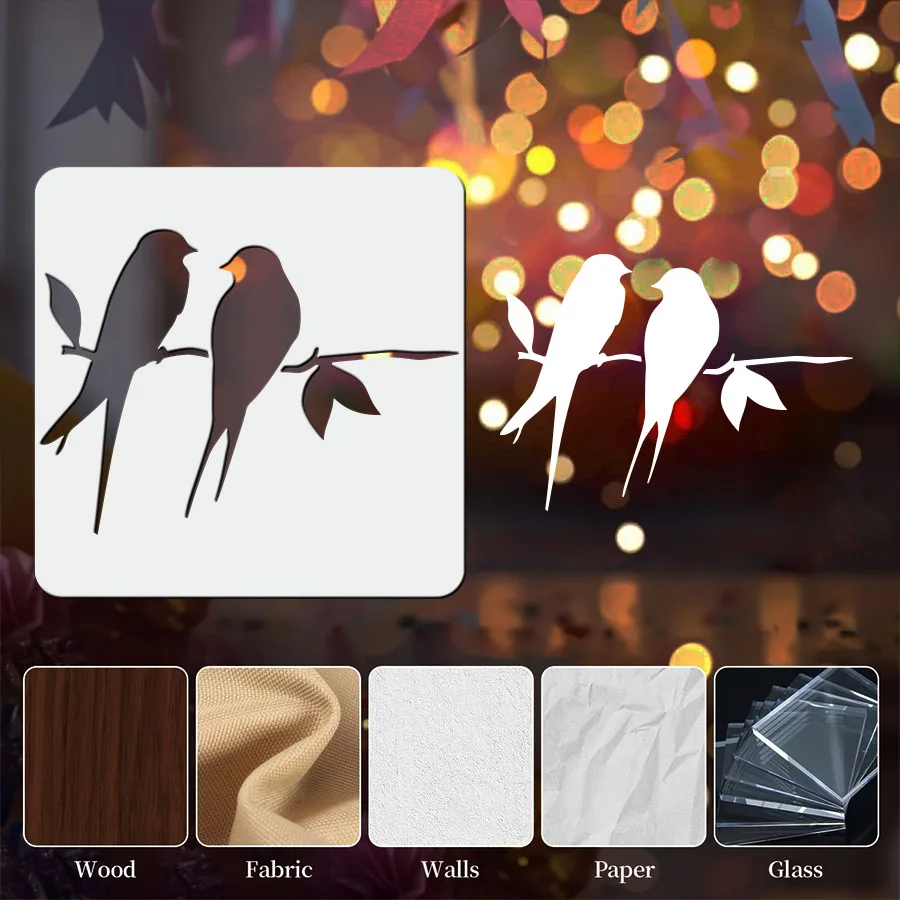 4 قطعة فرع مرسومة باليد مقاس 6*6 بوصة مع قالب أربعة طيور AI/PSD نمط زخرفي قابل للتحرير بدون قطع لبطاقة المجلات مواد ذاتية الصنع