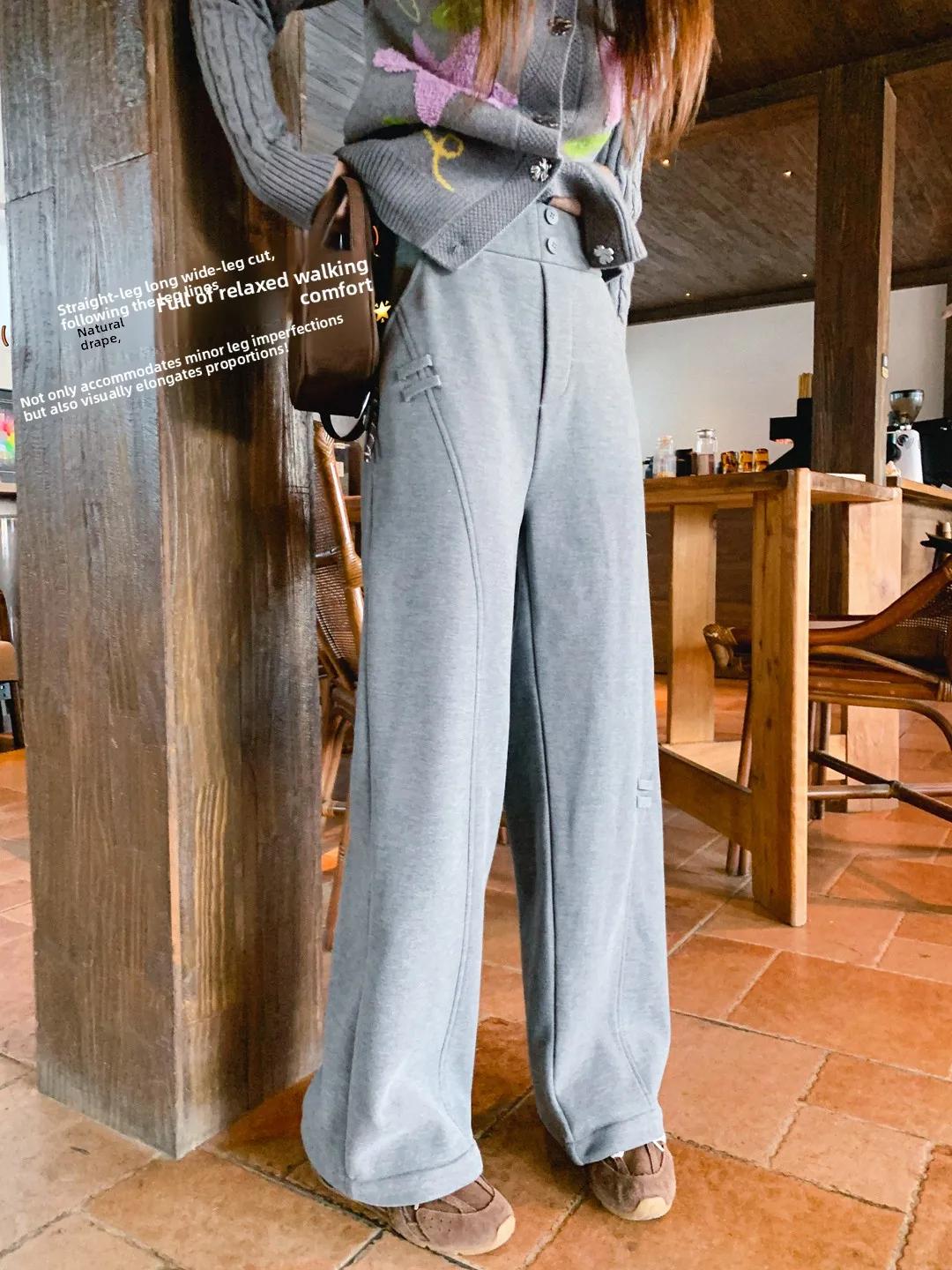 

Kula Liangpin Fleece Lined Wide Leg Straight Cut Comfortable Casual Sweatpants High Waist Zipper Closure High Versatility