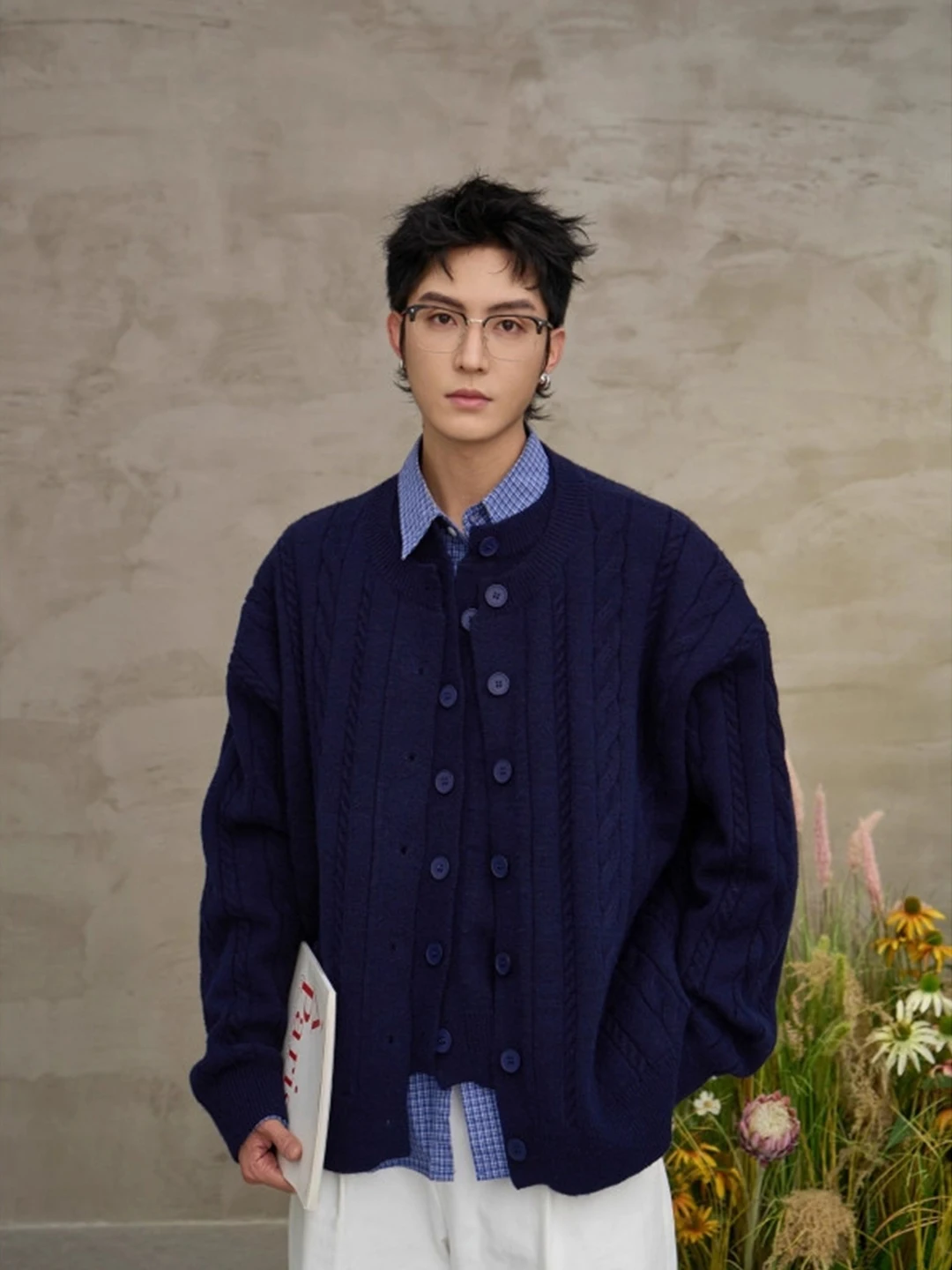 

Мужской кардиган свободного кроя, синий, в корейском стиле, вязаный, с длинными рукавами, повседневный, для отдыха, с воротником, из полиэстера