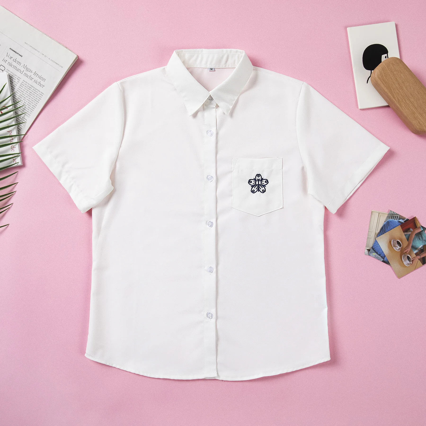 Japanese Preppy Style JK Uniform Shirt, Summer White Short Sleeve Top With Embroidery,Basic Design For School & Class Daily Wear