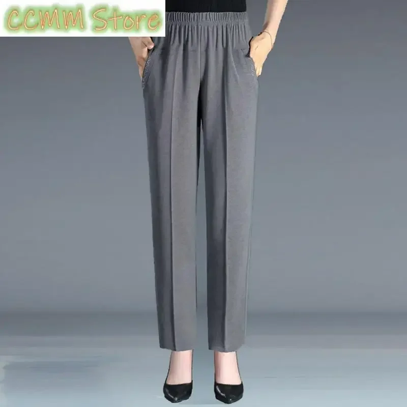 New Summer Ice Silk Mid Aged Casual Pants Women's Elastic High Waist Solid Print Pocket Korean Versatile Slim Straight Trousers