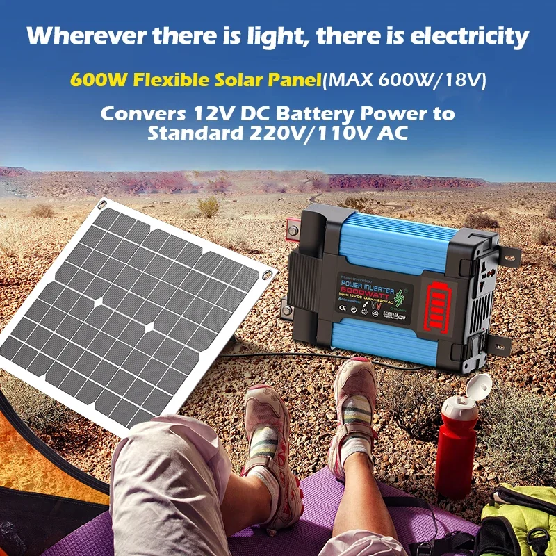 600W Monocrystalline Solar Panel Kit, 12V to 110V/220V Inverter & Charge Controller for Off-Grid Home, RV, Cabin & Camping