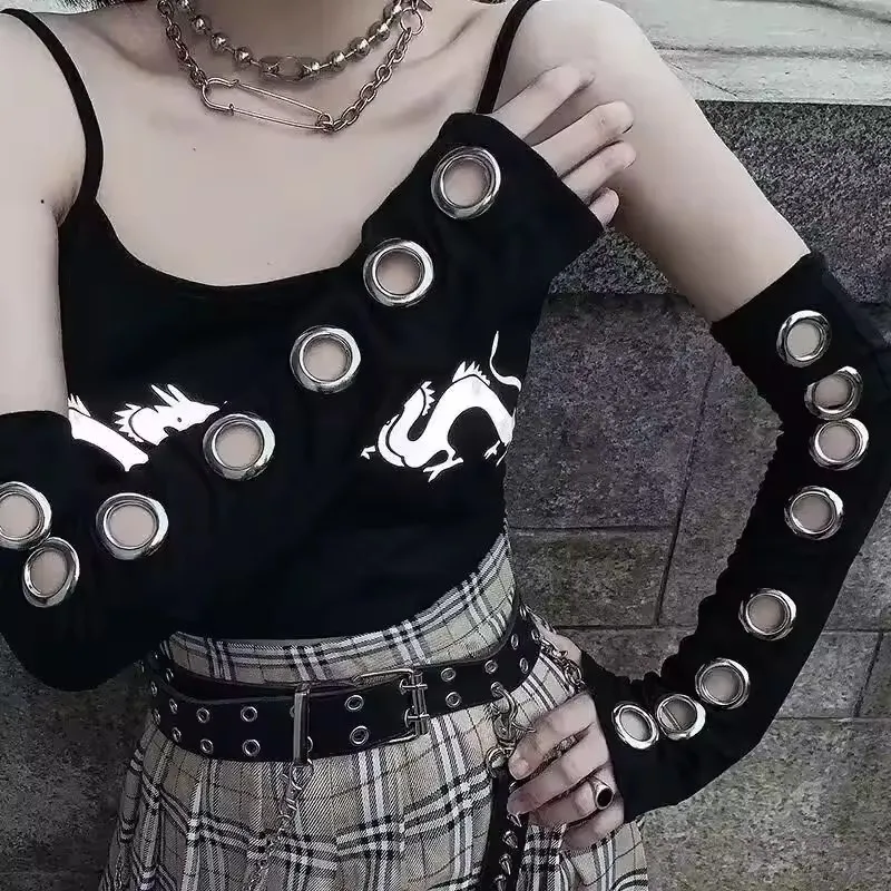 Guanti senza dita da donna stile punk con fibbia personalizzata Y2K Maniche da ballo di strada per performance sul palco stile hip hop Luo