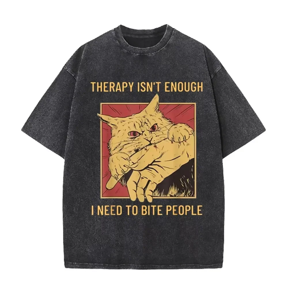 T-shirt noir délavé vintage avec impression « Funny Cat Bite Hand "Therapy Isn't Enough" »