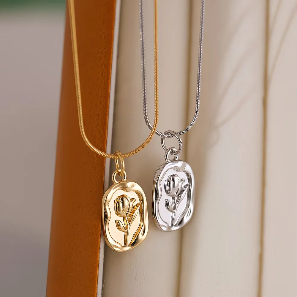 1pc Embossed Rose Tulip Flower Pendant Necklace Rectangular 3D Fashionable Retro Design for Women'S Daily Wear Gold/Silver Tone