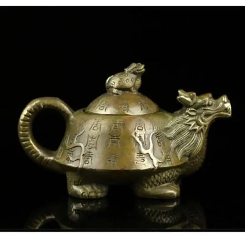 Old Bronze Handwork Dragon Turtle Pot Tea Pot Crafts Decoration Incense Burners