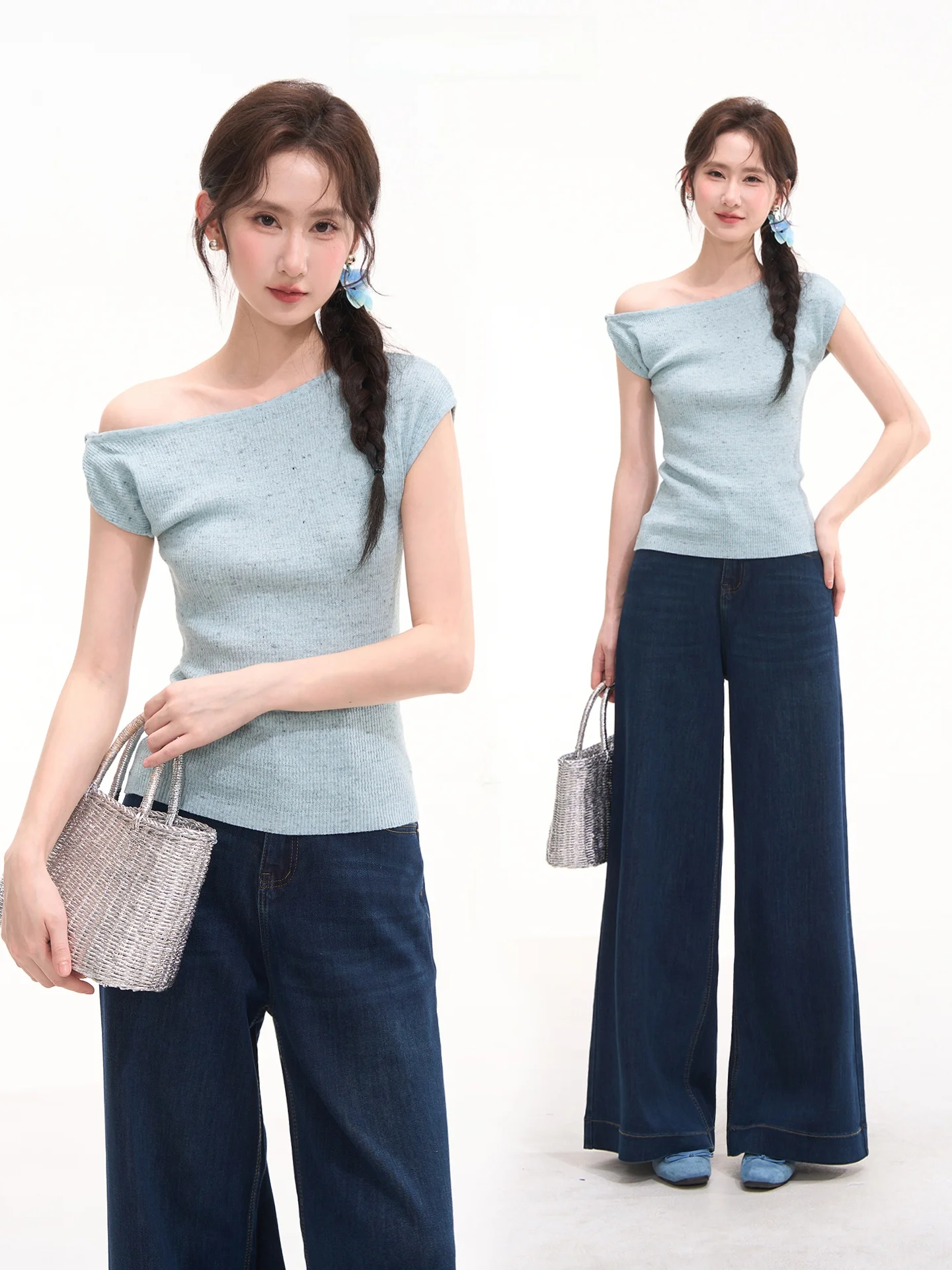

Heme Summer Light Oxygen Feeling Tweed Knitted Vest Women's Short Sleeve Pullover Slim Fit Knot Design Silk Linen Blend Top