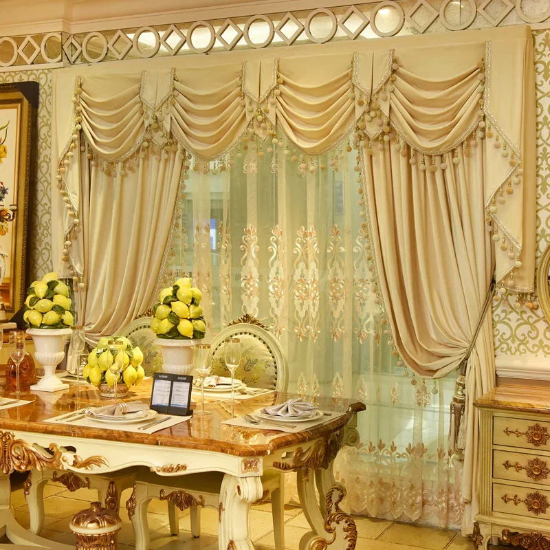 European Style Palace Beige Velvet Lace Embroidered Curtains for Living Room Bedroom Partition Curtains Villa Customization