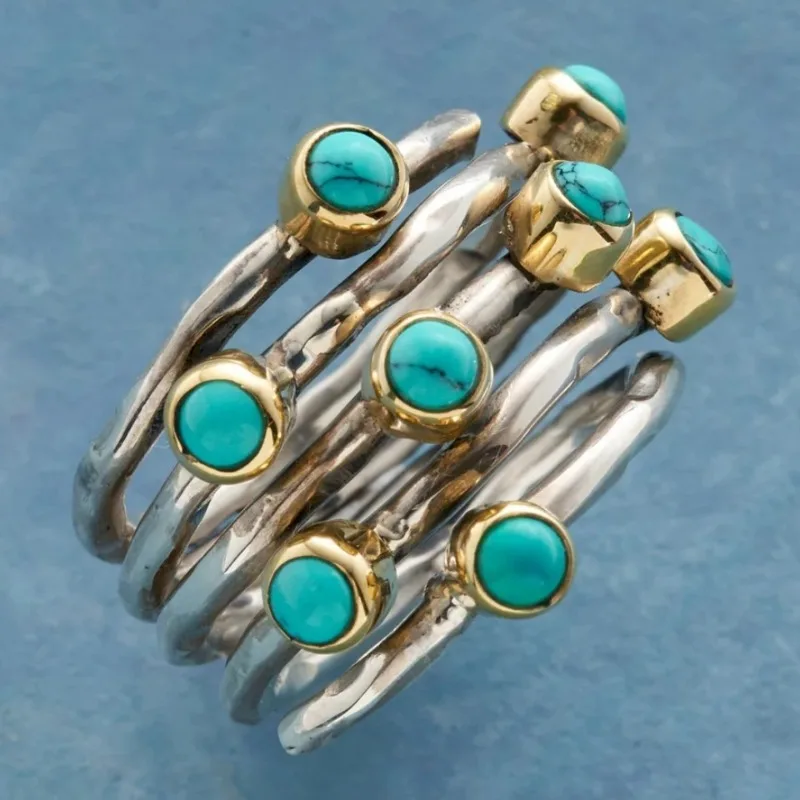 Ethnic Two Color Inlaid Imitation Turquoise Women's Ring Geometry Hollow Daily Wear Party Jewelry