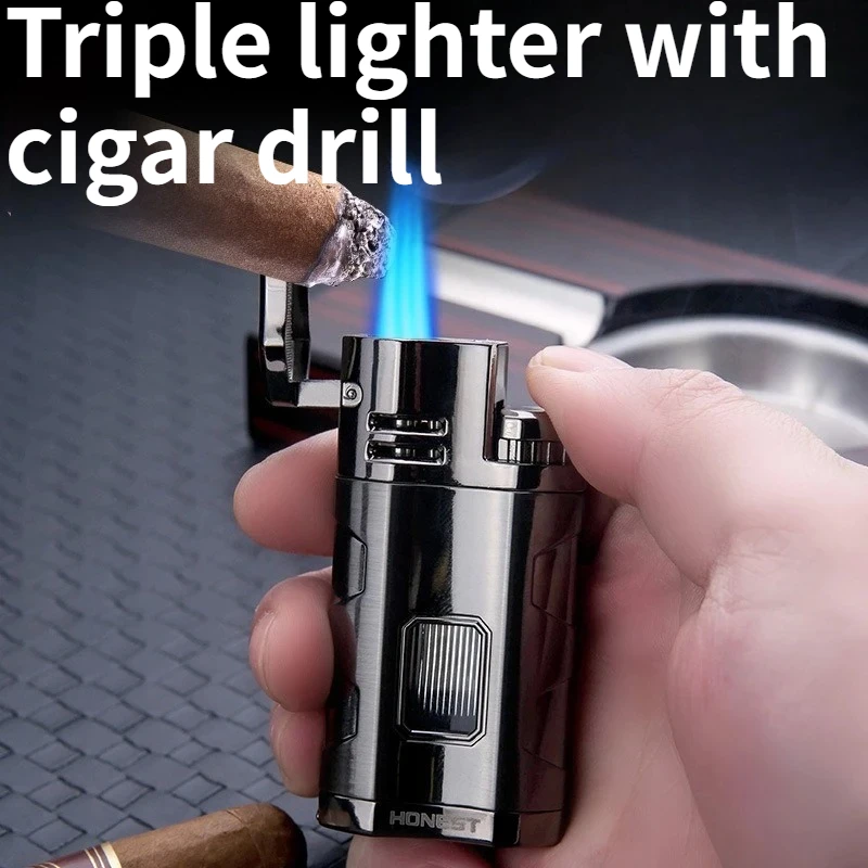 

Inflatable Windproof Point Cigar-specific Metal Lighter with Three Direct Fire High Power Cigarette Accessories Men's Gift