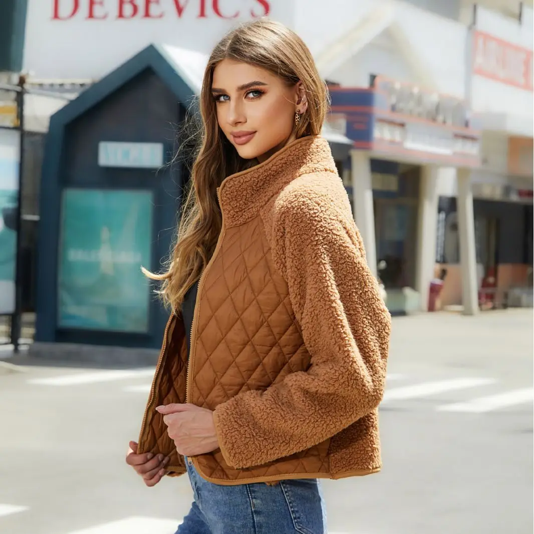 Cardigan zippé à manches longues pour femmes, veste patchwork en peluche, velours flash, vêtements d'automne et d'hiver, nouveau, 2023