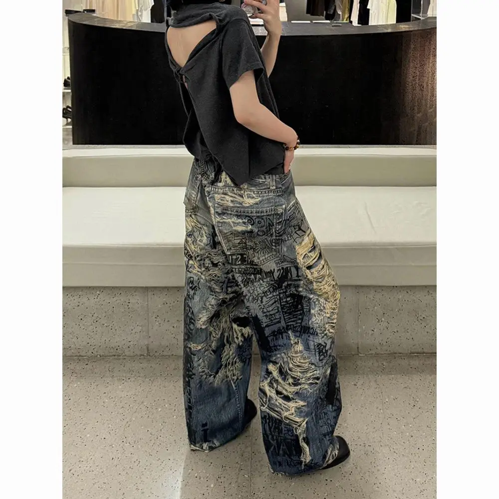 

American Plus Size Destroyed Distressed Jeans Women 2025 New Spring Punk Y2K Hot Girl Style 3D Color Print Floor Length Pants