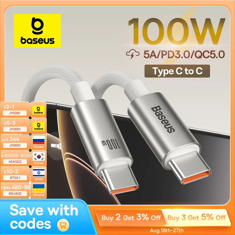 Baseus 100W USB Cable for iPhone 16 15 promax USB C to Type C Fast Charger Cable for Xiaomi Samsung MacBook iPad Mobile Phone