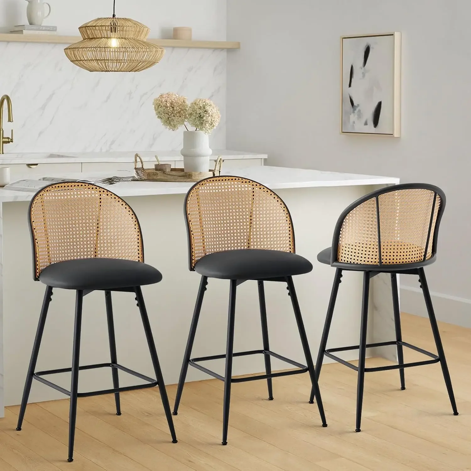 

Swivel Counter Height Bar Stools Set of 3, Mid Century Modern 26" Bar Chairs with Rattan Back & Metal Legs, Upholstered Faux Lea