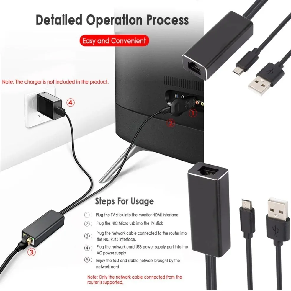 Adaptor kartu jaringan Ethernet, USB 2.0 ke RJ45 daya USB mikro ke RJ45 10/100Mbps untuk stik TV api Chromecast Google